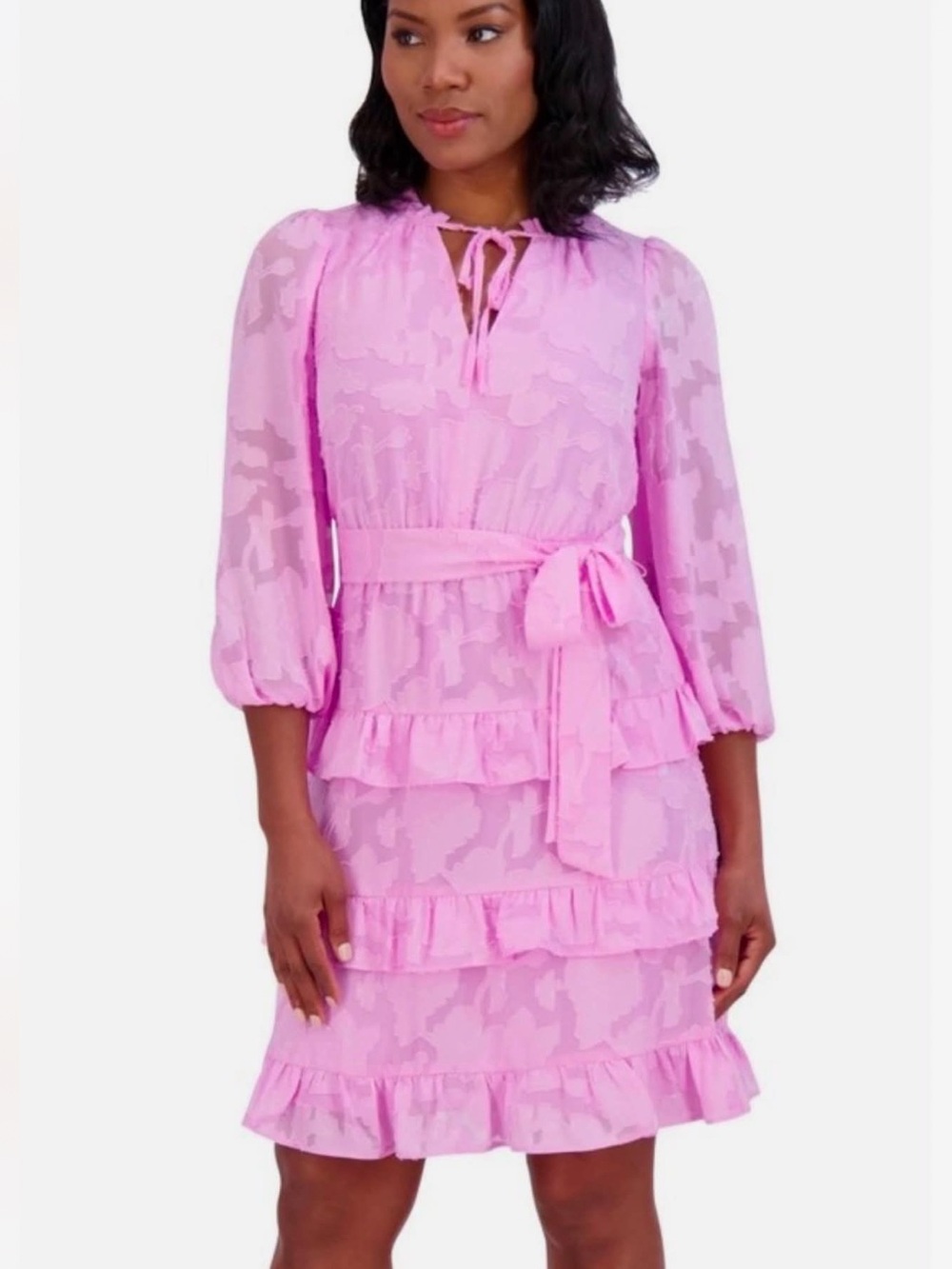 Eliza J Pink Floral Ruffle Tiered Long Sleeve Dress Size 4P Petite